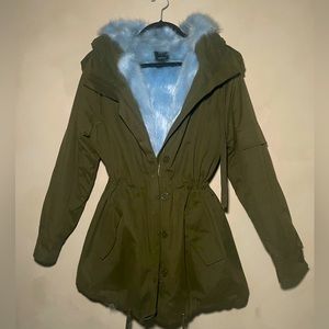 Olive Green/Baby Blue Fur-lined Utility Parka Size:S